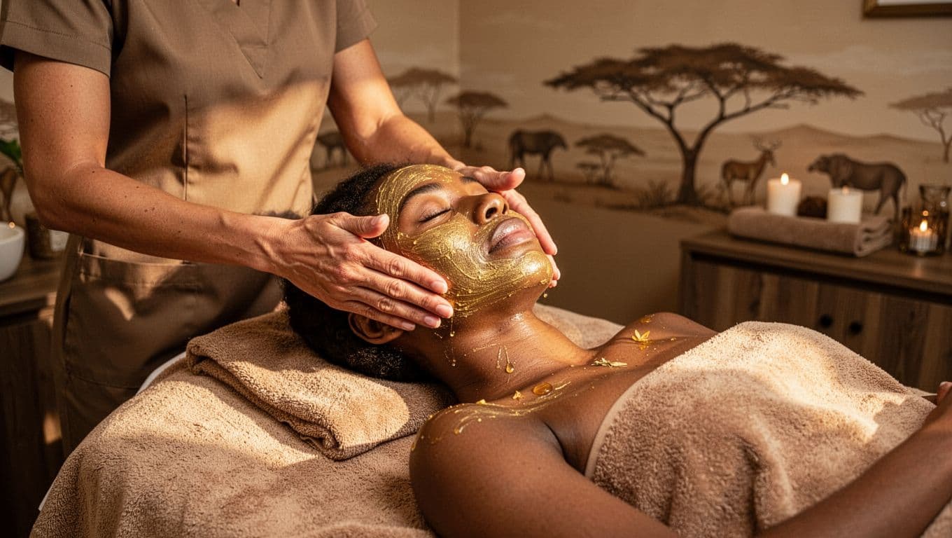 Focused therapist applies heritage-inspired gold-infused mask and oils from Kenyan savanna landscapes to a serene client in an elegant Nairobi spa, evoking Maasai pamper traditions with warm golden lighting and earthy decor.