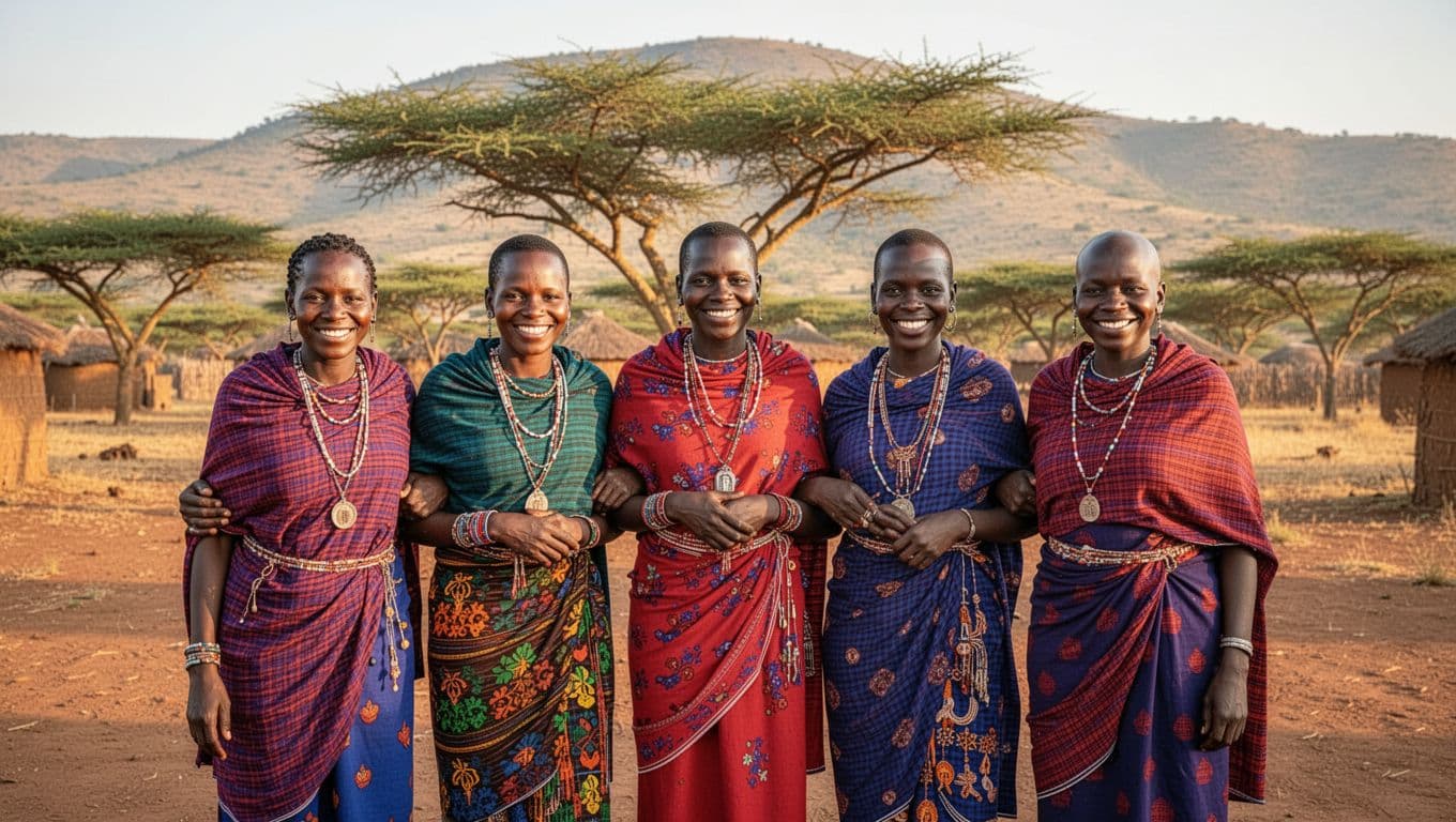 Five Kenyan Maasai women in colorful traditional shuka attire link arms confidently in a sunny rural village with acacia trees and hills, symbolizing community unity against harmful practices.