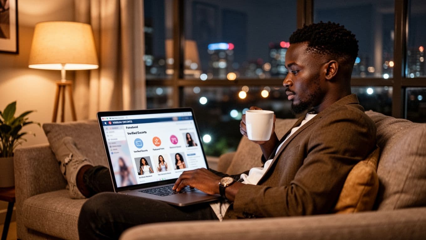 A young professional man relaxes in a stylish Nairobi apartment at night, browsing a blurred laptop screen displaying escorts directory categories while holding a coffee mug, with warm lighting and city lights in the background.