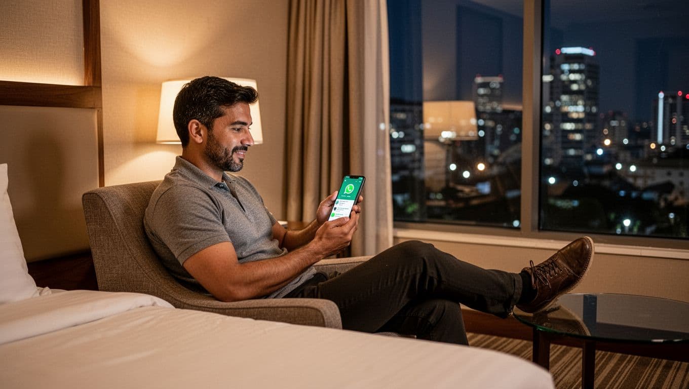 Adult Entertainment in Nairobi for Foreign Visitors at Night A foreign male visitor sits relaxed in a modern Nairobi hotel room at night, checking WhatsApp messages for companionship profiles with soft bedside lamp lighting and city skyline view.