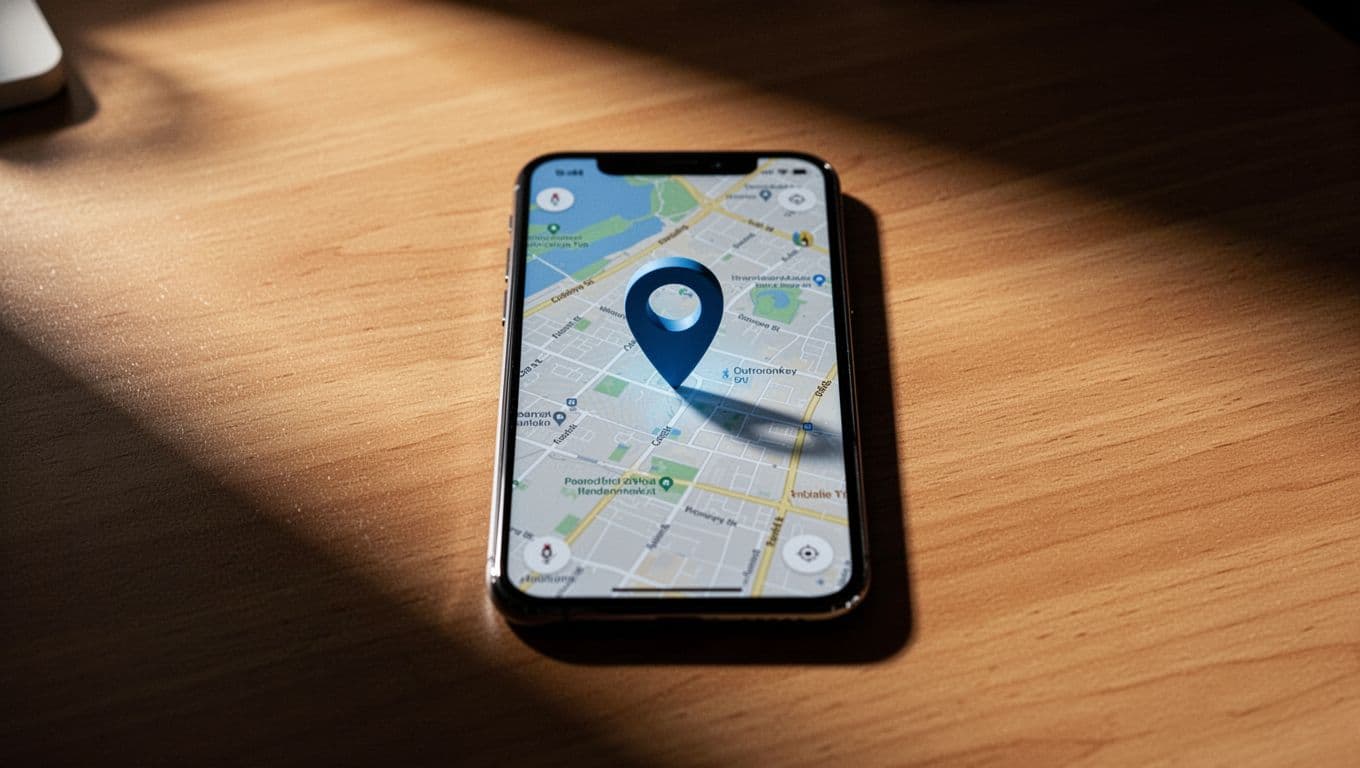 A smartphone showing a business map profile lying on a wooden desk under dramatic light.