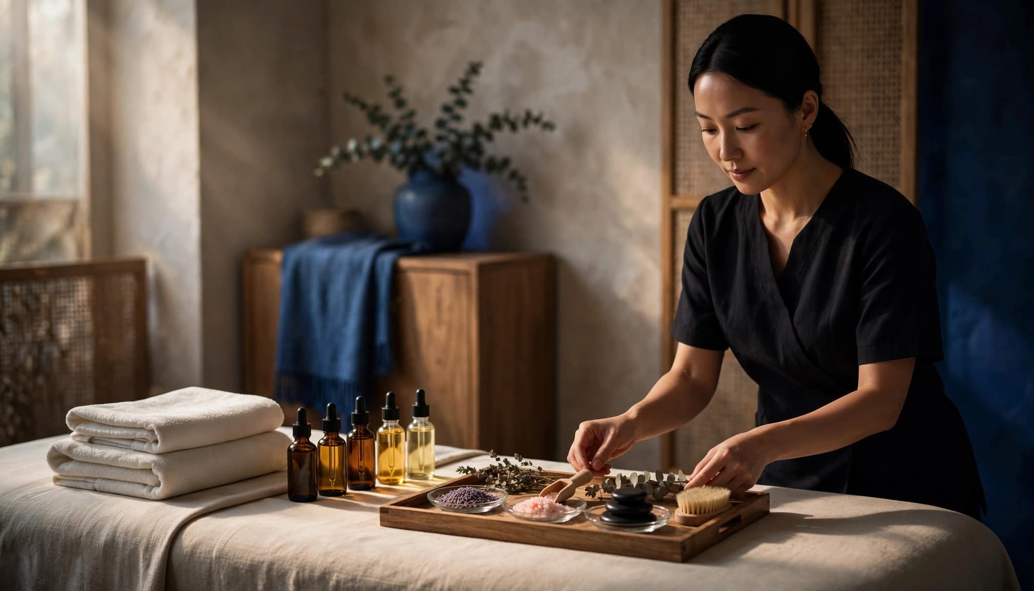A massage therapist prepares a spa table with towels, oils, and an add-on tray.