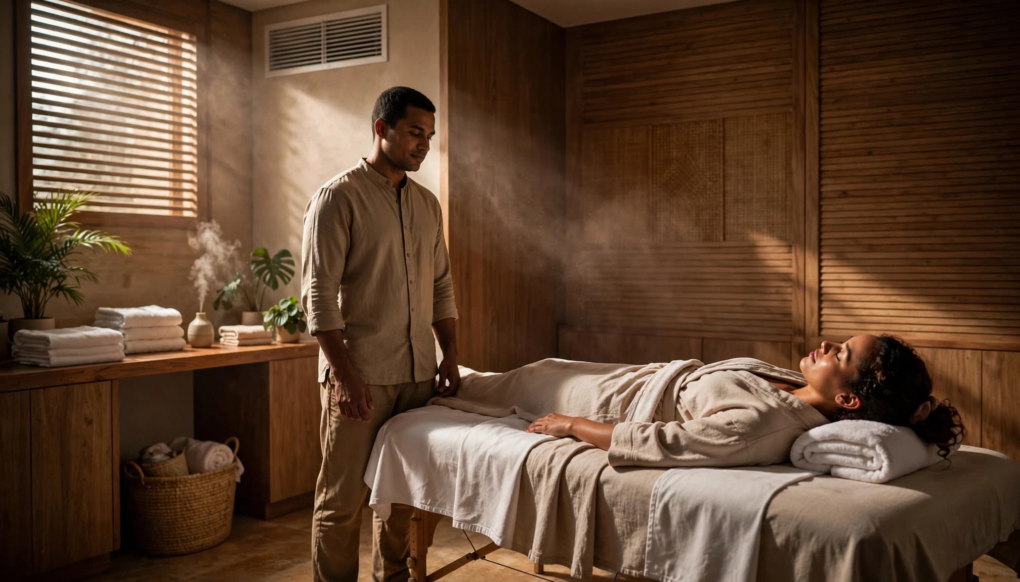 A client relaxes on a massage table beside a standing therapist.