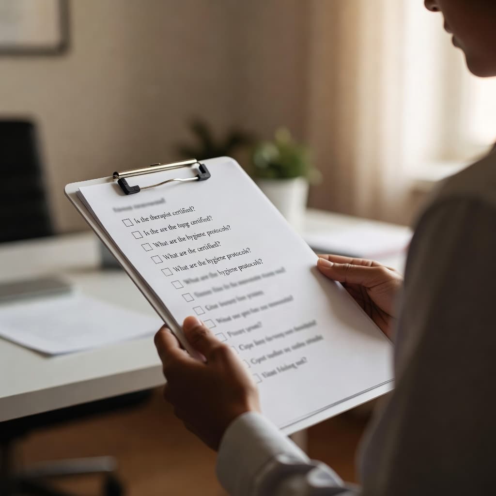 A focused close-up displays a person reviewing a generic clipboard checklist inside a brightly lit, modern office environment. Soft, warm natural light highlights the clean, professional setting and organized workspace surroundings.