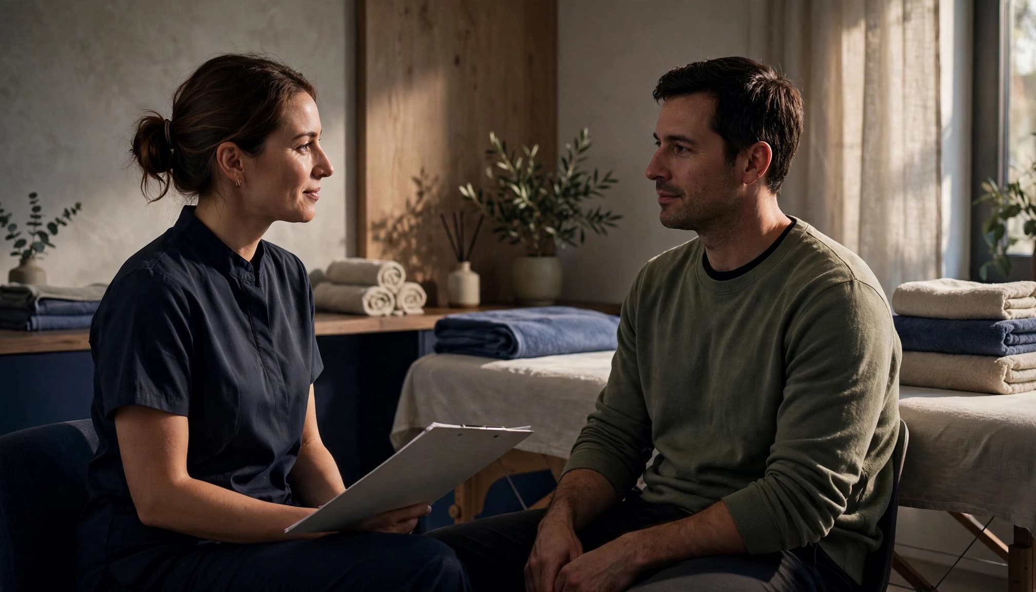 A therapist and client discuss massage goals in a calm treatment room.