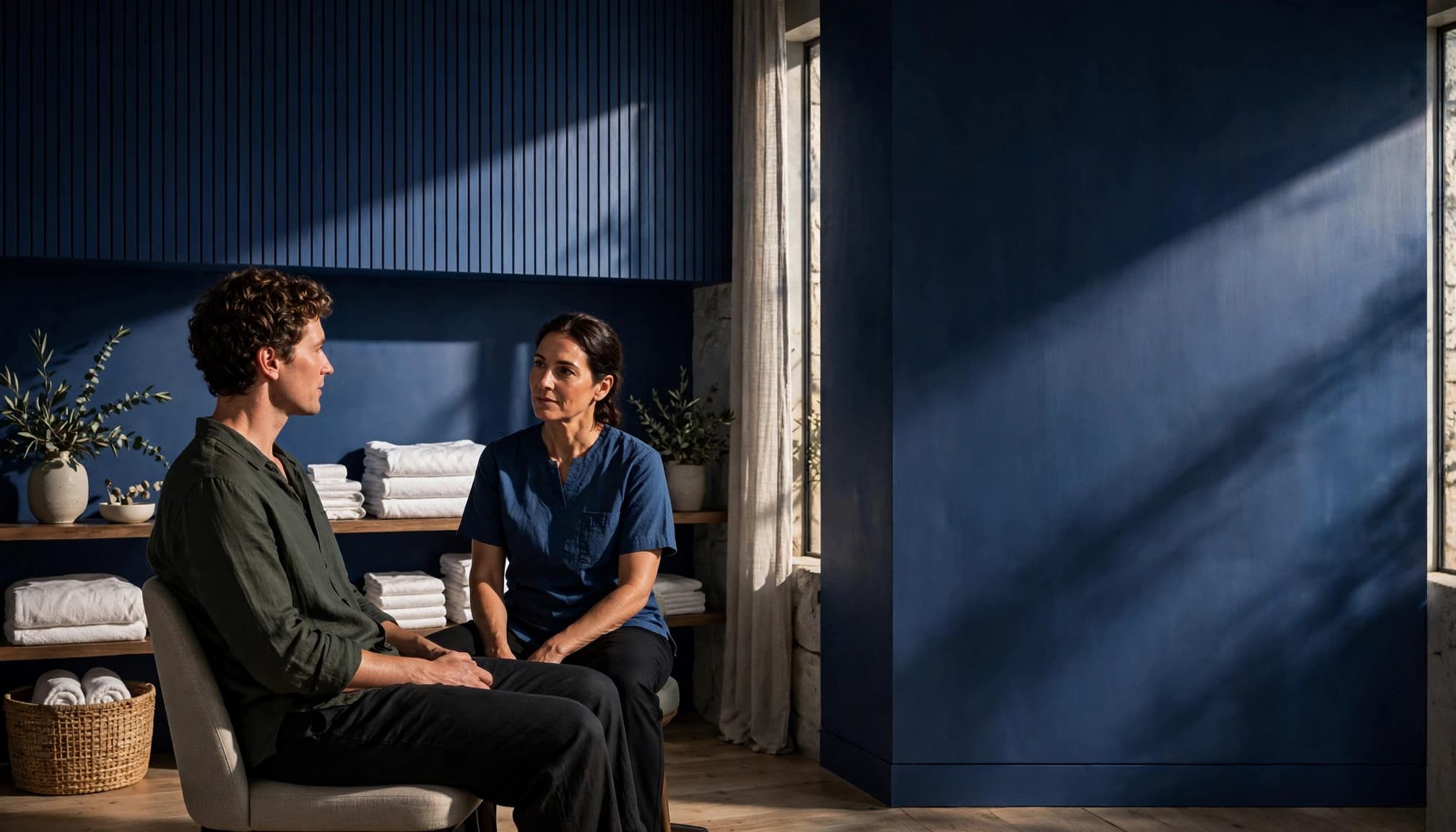 A massage client and therapist talk in a softly lit indigo spa room.