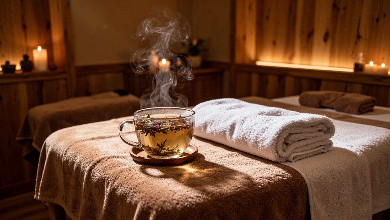 A wooden spa table set with herbal tea and a rolled towel in warm lighting.