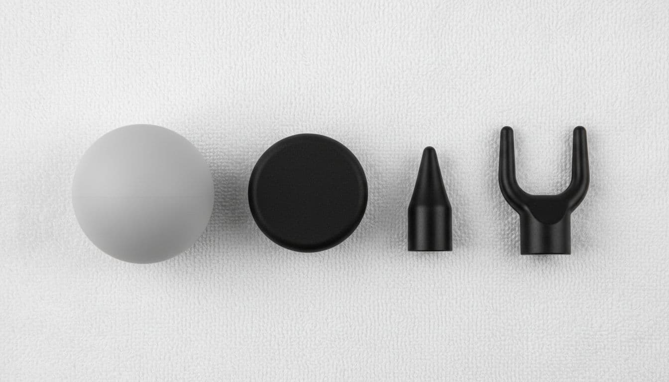 Top-down view of four common massage gun attachments arranged neatly on a white towel: spherical ball head, flat head, bullet head, and forked U-head. High-detail clean product shot highlighting types for different body areas.