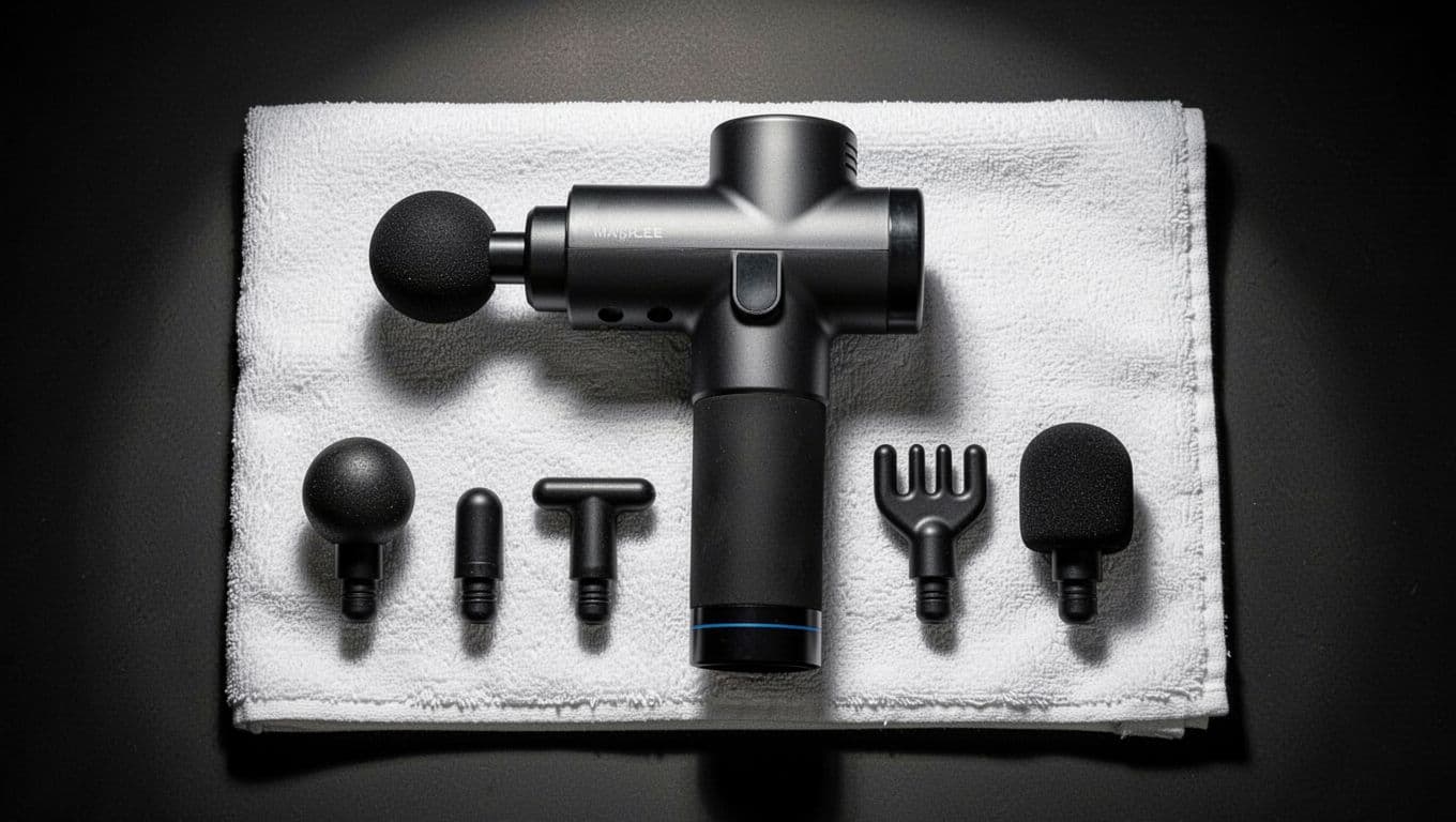 Top-down composition of a massage gun with five key attachments—large round ball, small bullet, flat, fork, and soft damper heads—laid out on a clean gym towel, neutral dark background with cinematic dramatic lighting.