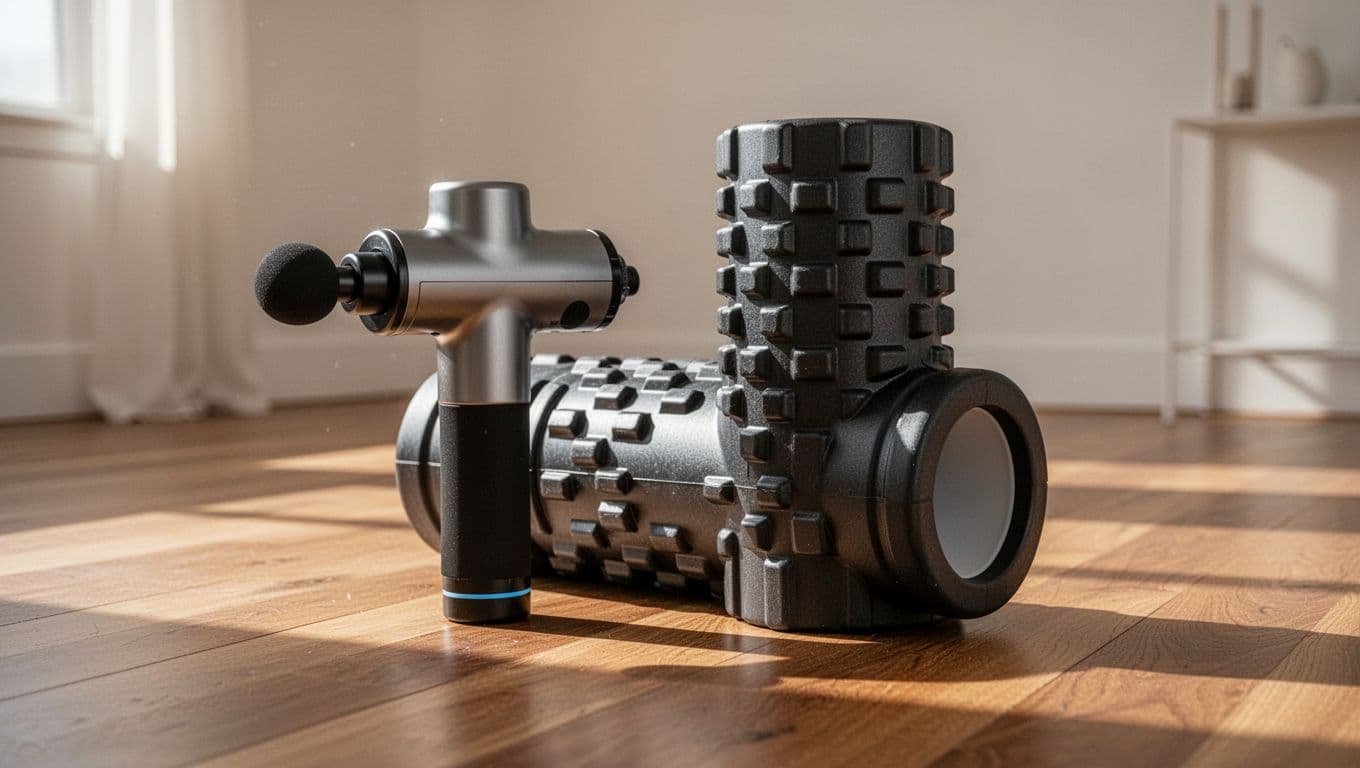 A high-quality black massage gun rests beside a textured foam cylinder on a polished wooden floor. Soft ambient lighting creates deep shadows and highlights the tools intended for muscle recovery.