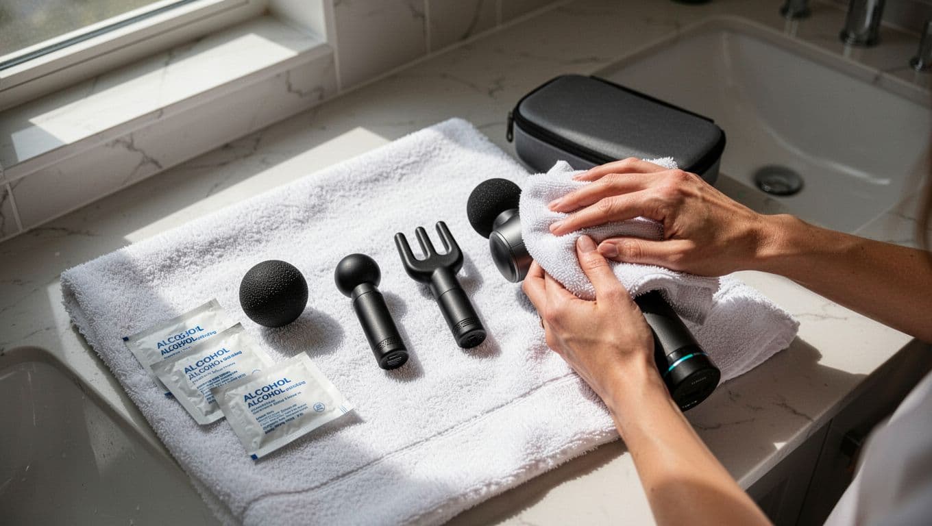 Top-down view in a clean home bathroom showing massage gun attachments (ball, bullet, fork heads) laid out on a white towel next to alcohol wipes and storage case, with one attachment being cleaned by a single relaxed hand using a cloth.
