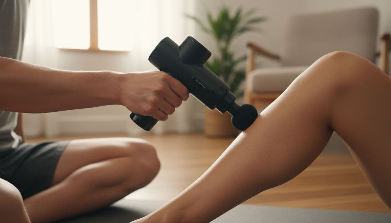 A hand holds a massage gun with its attachment rapidly tapping a tight calf muscle during a home self-massage session, shown from waist down in natural indoor light with high detail on the pulsing mechanism.