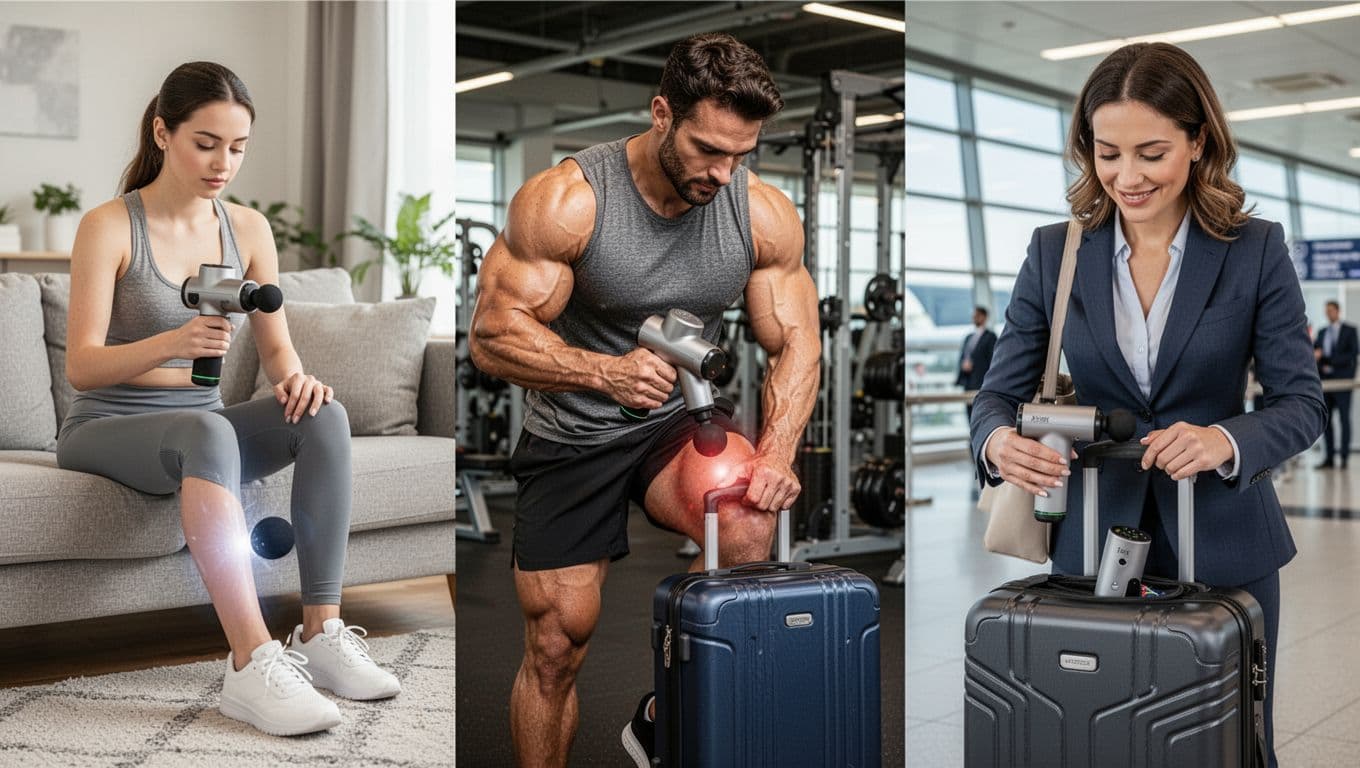 Massage Gun Guide: Benefits, Safe Use, and How to Choose One 6 Collage of three diverse users with massage guns: young beginner woman using light massage gun on calf at home, muscular athlete man applying deep pressure gun to quad in gym, business traveler woman packing compact massage gun into carry-on at airport, realistic style.