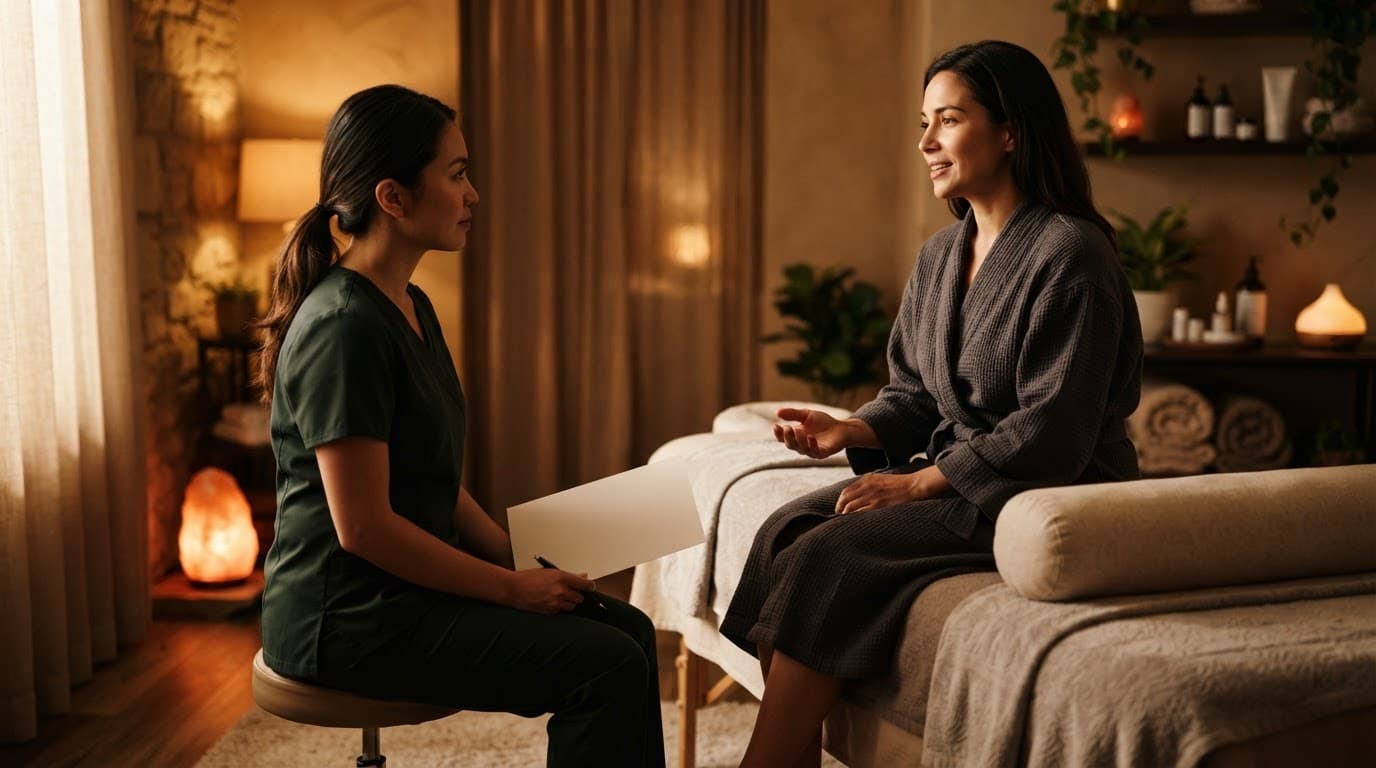 A client discusses health concerns with a massage therapist in a warmly lit spa room.
