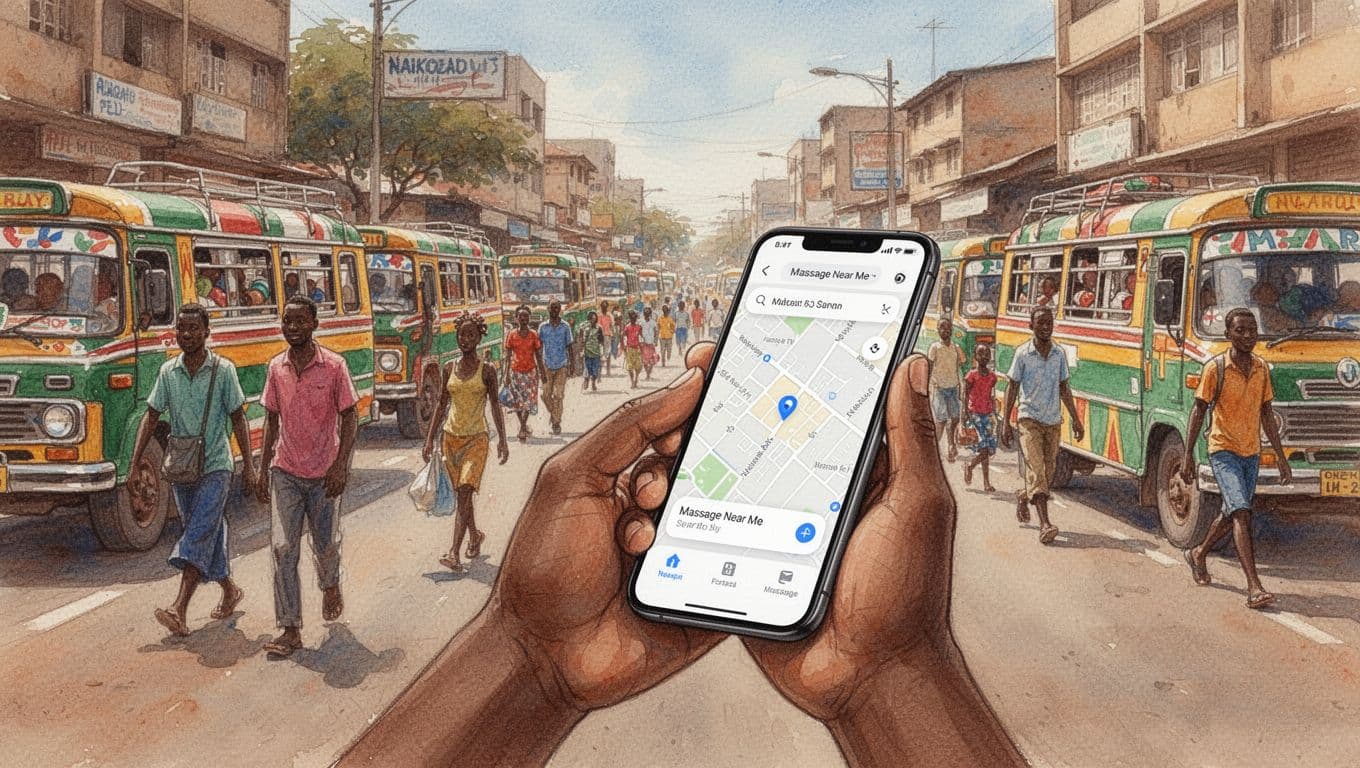 One person stands relaxed on a vibrant Nairobi street with colorful matatus and blurred pedestrians, holding a smartphone showing a map search for local massage spa, in watercolor style with warm earthy tones and natural daylight.