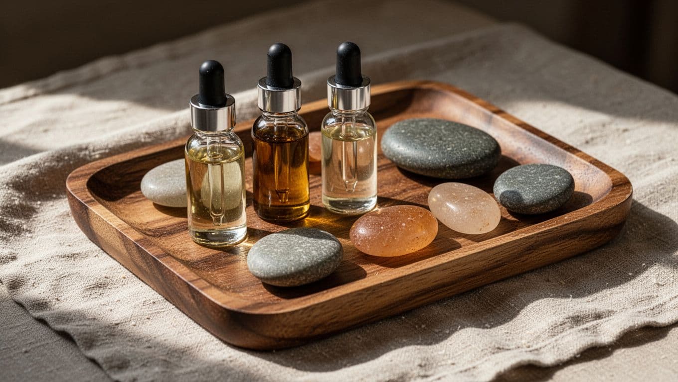 Dropper bottles and smooth stones on a wooden tray with linen cloth.