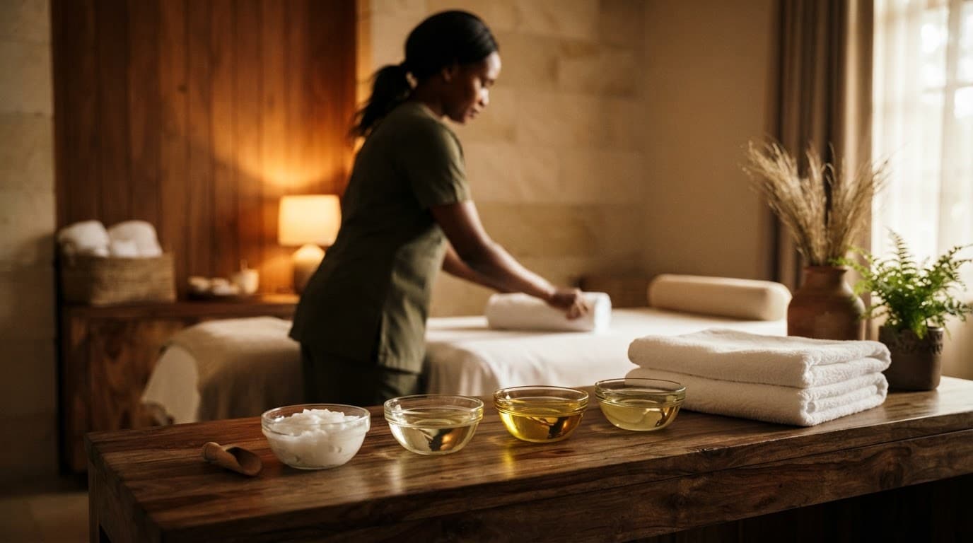 Therapist arranging four oil bowls beside folded towels in a warmly lit spa room.