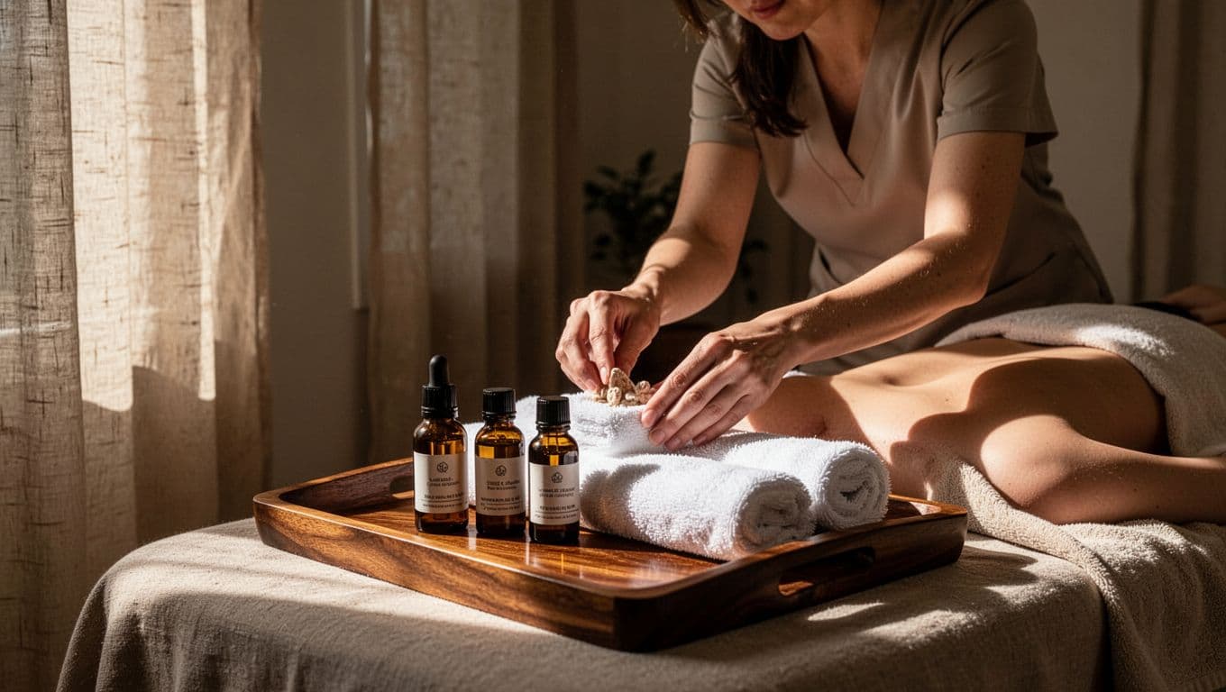 A therapist arranges oils and warm towels on a wooden tray.