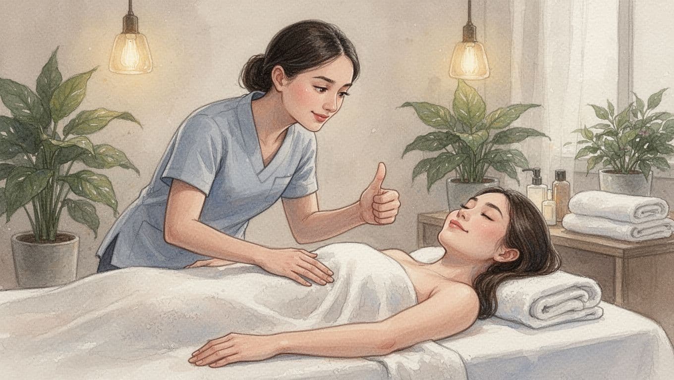 Massage therapist leans toward face-up client on table for pressure check, client gives relaxed thumbs up under partial drape in serene spa with warm lighting, plants, and towels; watercolor style with soft blending and brush texture.