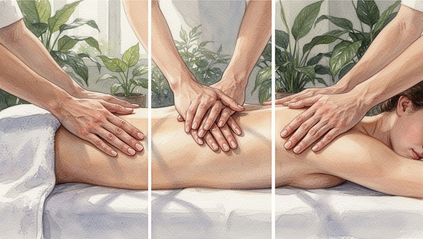 Massages in Langata: A Clear Guide from Fortune Massage & Spa 8 Three pairs of hands apply light, medium, and firm pressure to a draped back on a massage table in watercolor spa setting.