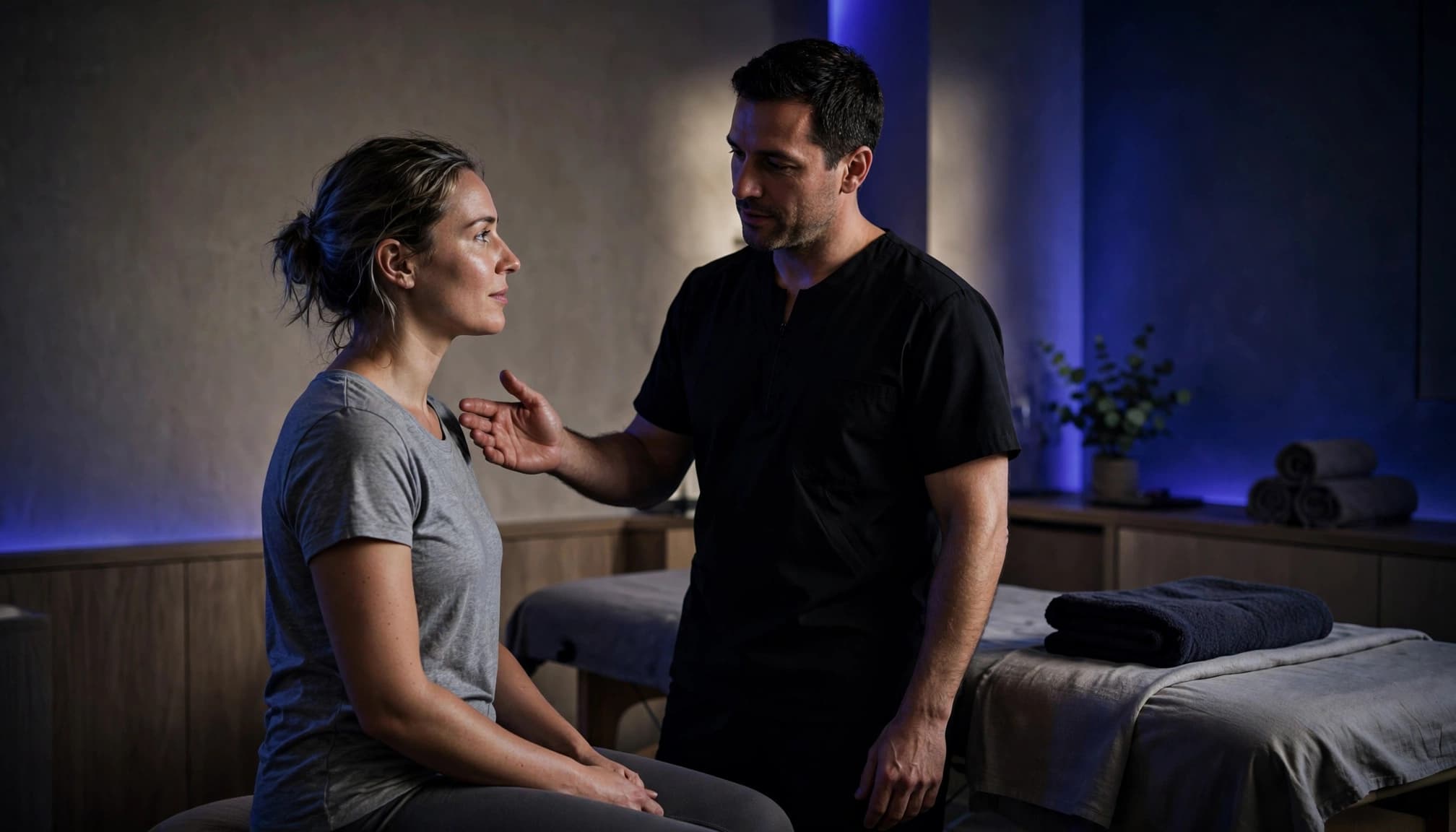 A therapist discusses massage safety with a seated client in a calm clinic.