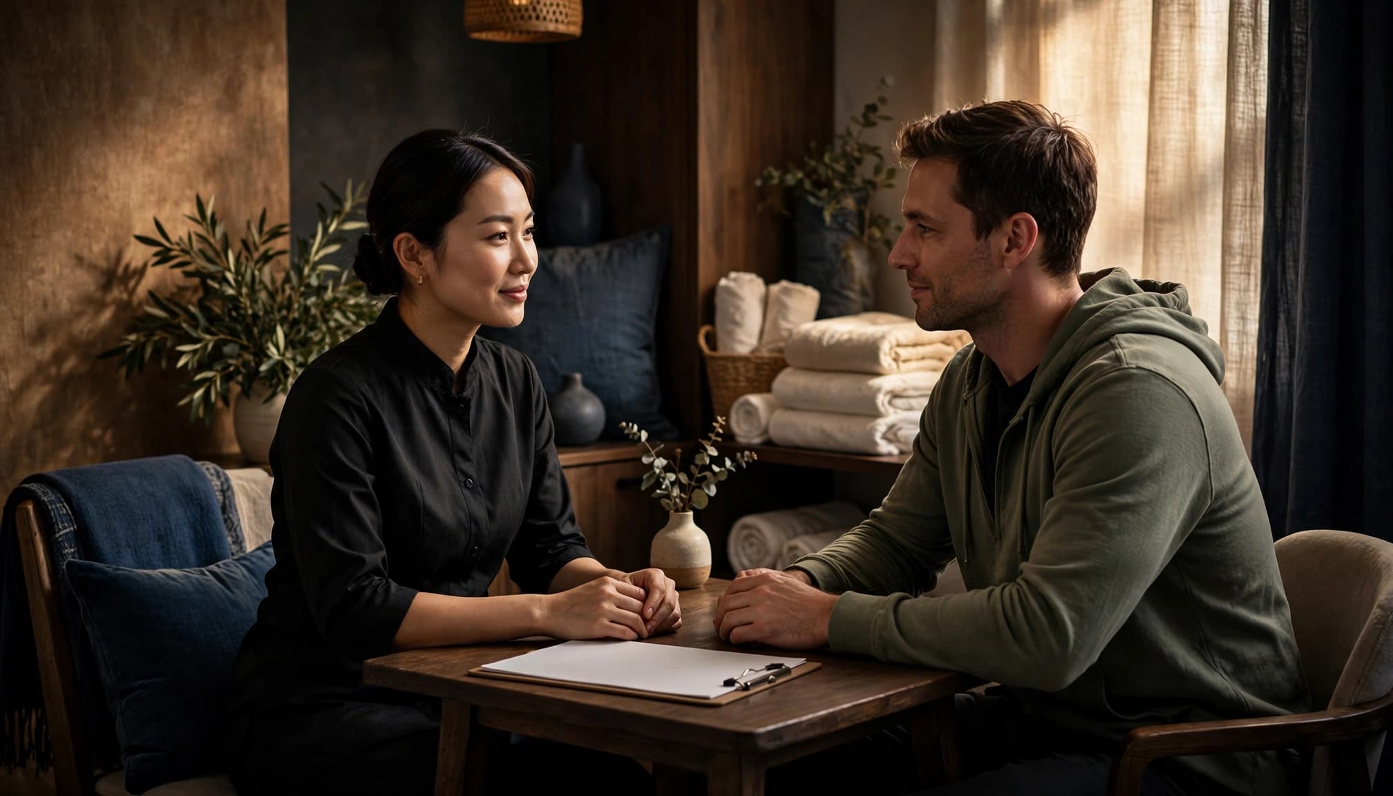 A therapist and client discuss treatment in a tidy, warmly lit spa.