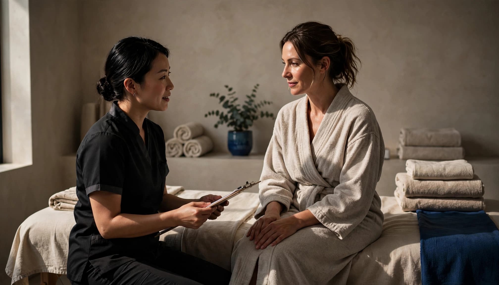 Swedish Massage 6 Therapist and client review a clipboard beside a massage table.