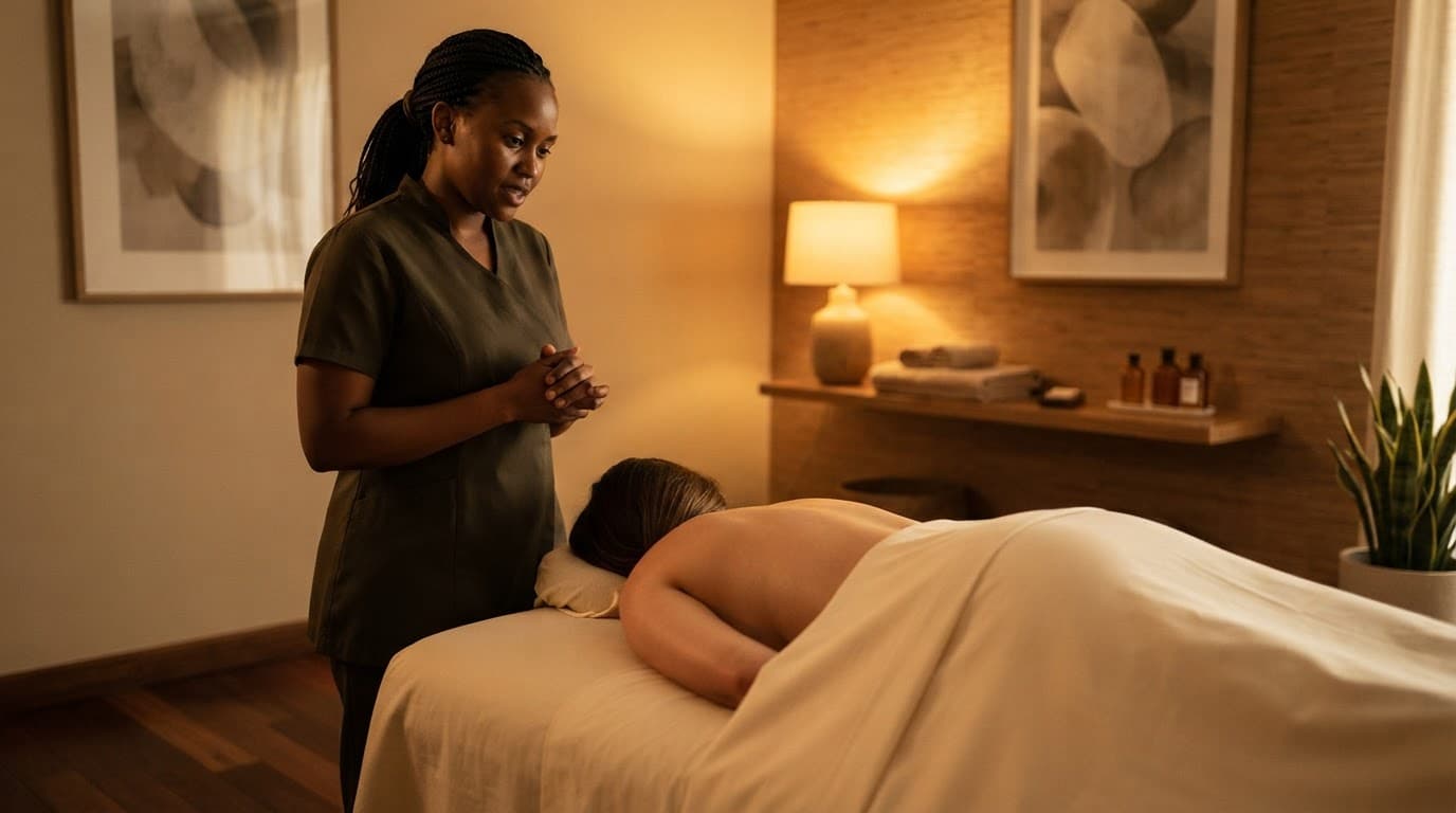 A therapist pauses beside a draped client for a safety conversation in a warm spa room.