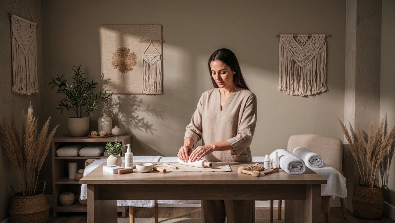 A therapist sits at a tidy desk in a calm, softly lit massage consultation room.