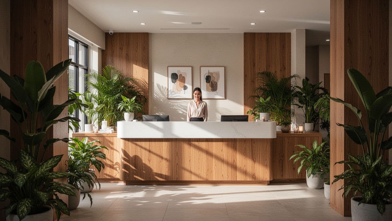 A warm wooden reception desk with plants inside a luxury Nairobi spa.