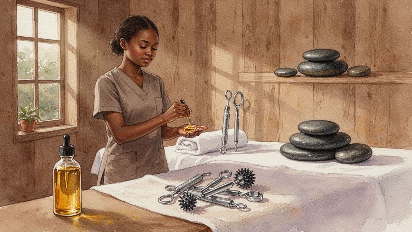 Watercolor illustration showing a single woman's progression from entry-level massage therapist with basic oil to mid-career with deep tissue tools, and expert with anatomy charts and hot stones, in a ladder composition set in a cozy Nairobi spa.