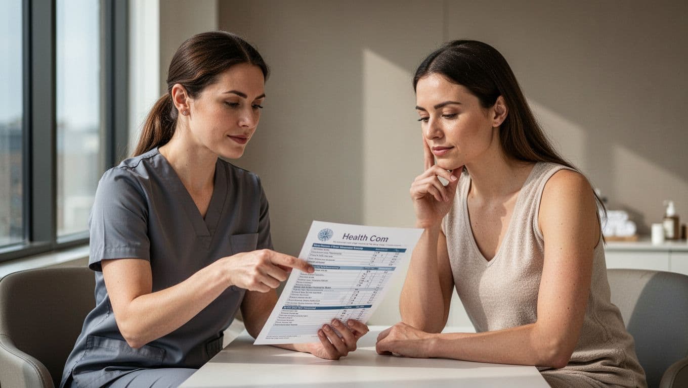 A massage therapist points to a health form highlighting precautions during a consultation with a thoughtful client in a professional spa office with natural light.
