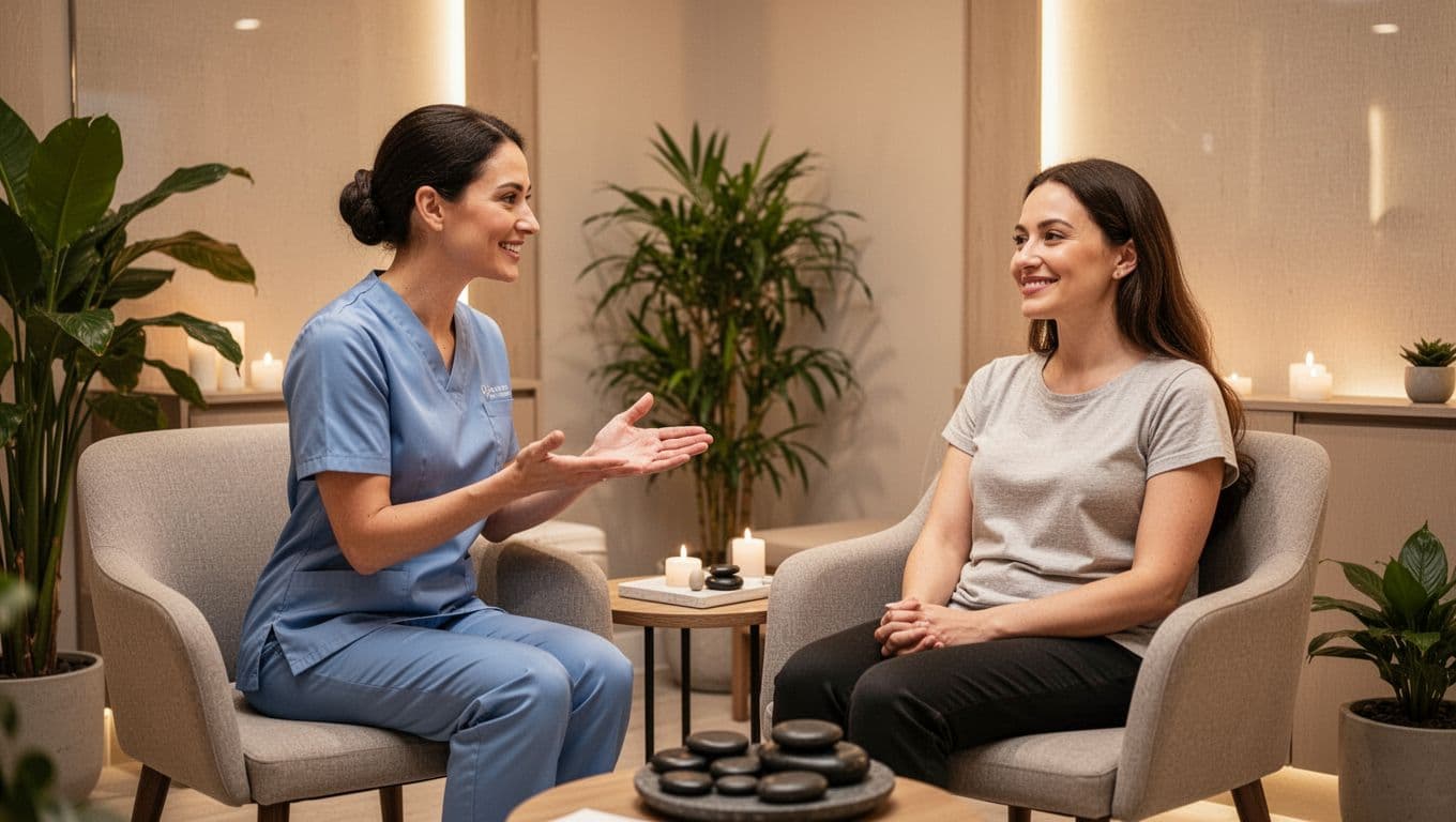 Professional massage therapist in uniform consulting with relaxed client seated in spa waiting area before hot stone session, friendly conversation in serene modern spa interior with plants and warm soft lighting.