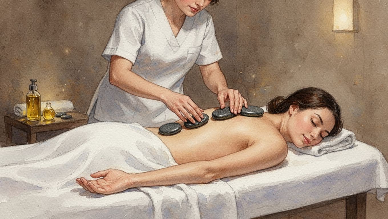 A massage therapist in white uniform gently places heated basalt stones along the spine and shoulders of a prone client on a massage table in a softly lit spa room, watercolor style with warm earthy tones.