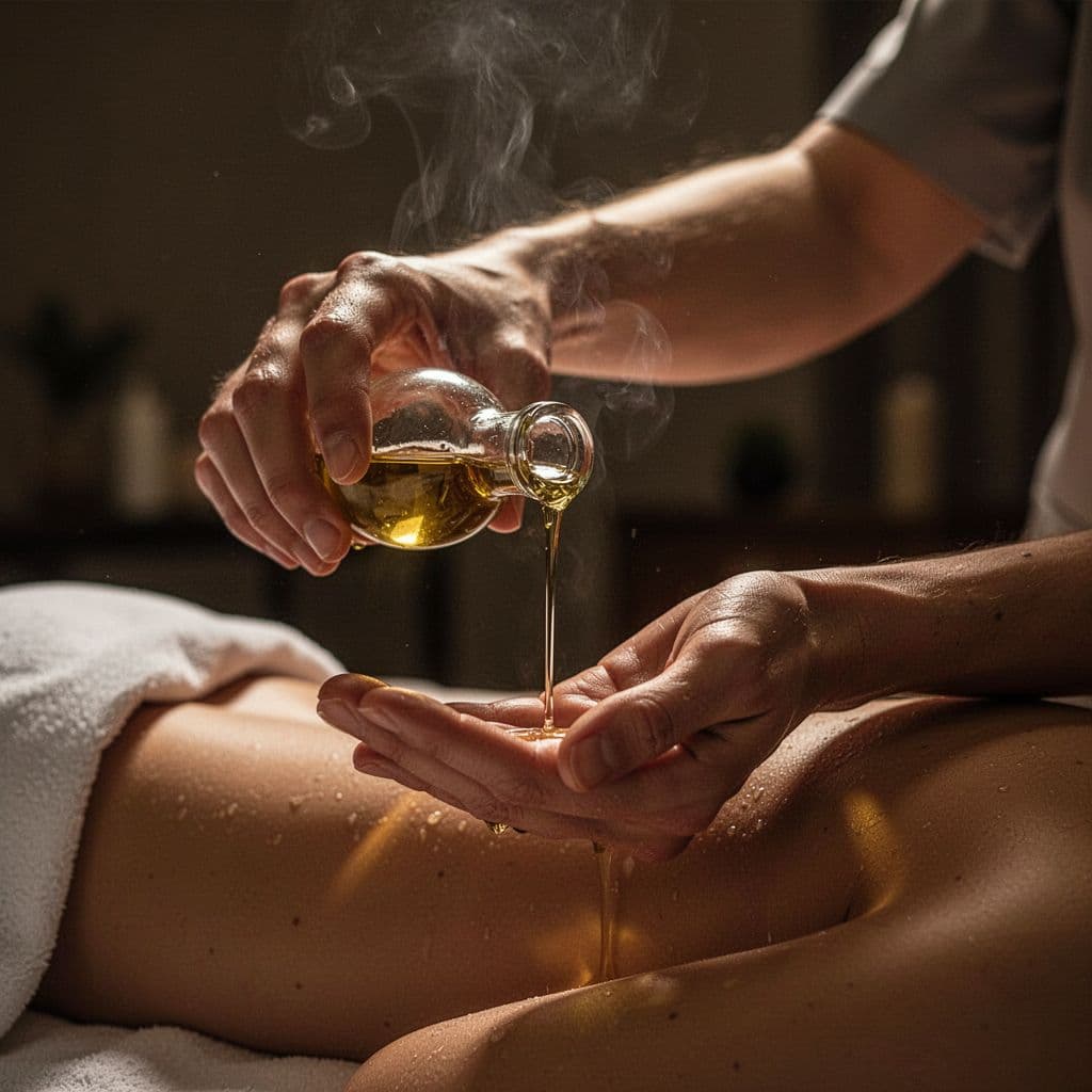 A close-up captures professional hands gently warming fragrant massage oil in a dimly lit, tranquil room. The golden liquid catches the soft, amber light, emphasizing a serene and calming preparation process.