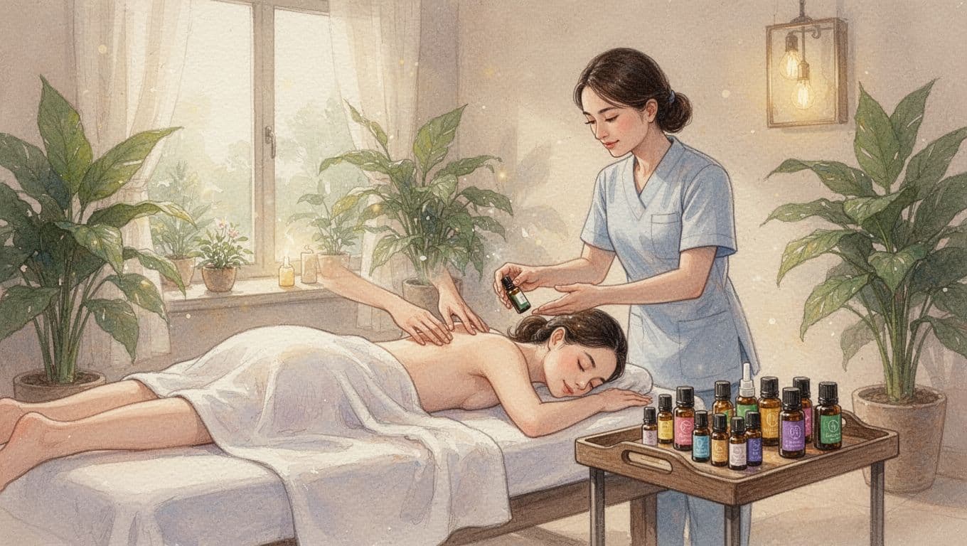 Massage therapist stands beside a draped client lying face down on a massage table in a softly lit spa room, selecting essential oil bottles from a nearby tray amid a calm atmosphere with green plants and warm light, in watercolor style with soft blending and brush texture.