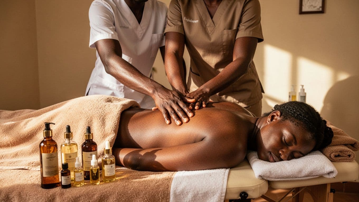Bold editorial image featuring a massage therapist gently placing hands on the draped back of a prone client on a massage table in a serene Nairobi spa room with warm lighting and oils ready. 'Session Steps' headline in muted dark-green band at the top, professional setup, high contrast, clean composition.