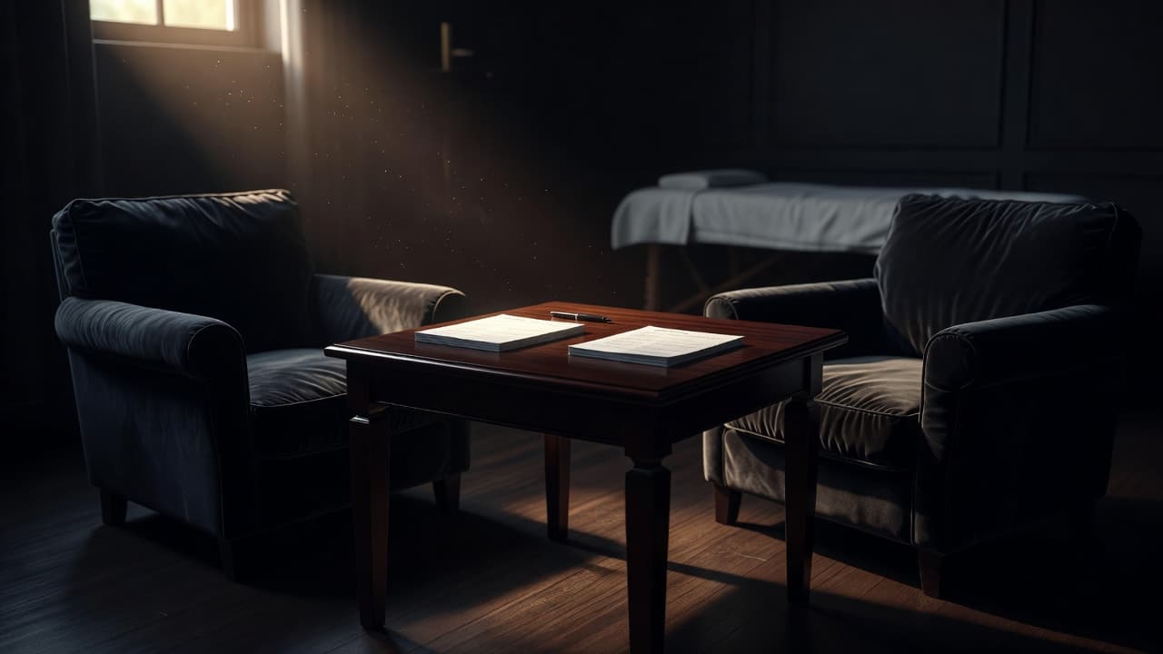 Two comfortable armchairs and a table with intake forms in a dimly lit consultation room.