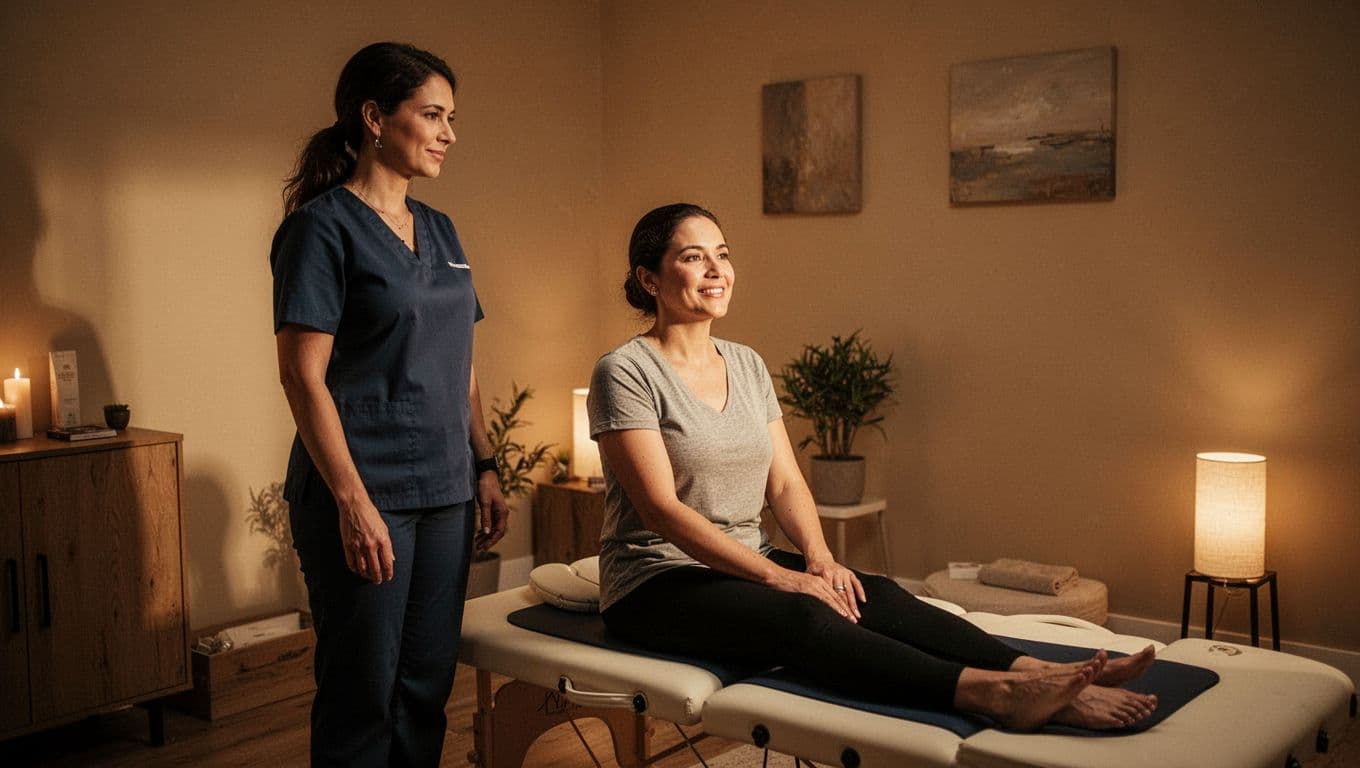 A therapist stands near a padded massage mat in a dimly lit, warm studio. A client sits cross-legged on the floor, engaging in a friendly conversation before their wellness session begins.