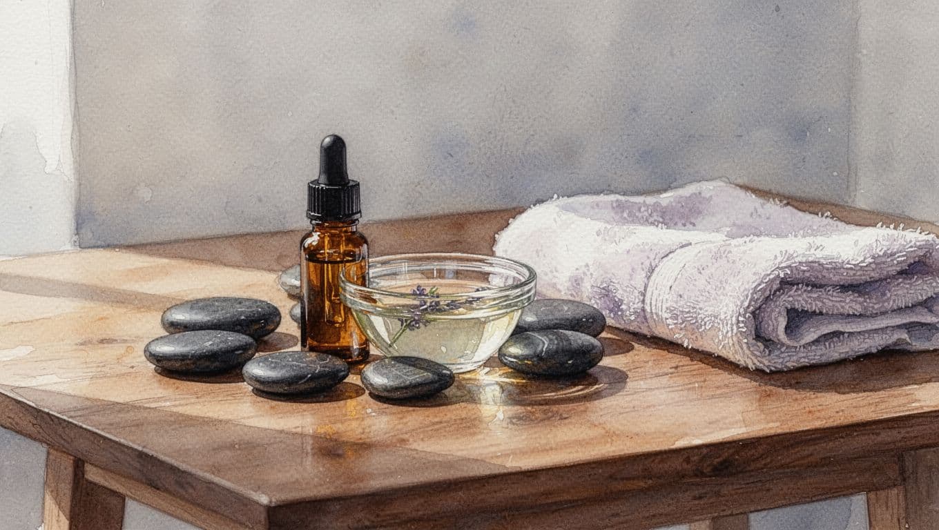 A rustic wooden table displays a small ceramic bowl of aromatic oils, several polished river stones, and a neatly folded soft cotton towel. Visible watercolor brushstrokes create a calm artistic atmosphere.