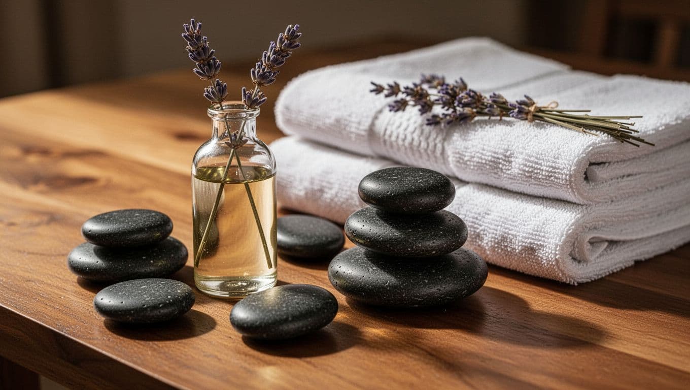 Smooth black basalt stones rest beside a glass massage oil bottle adorned with dried lavender sprigs. Softly folded white cotton towels are arranged on a dark wooden table in warm lighting.