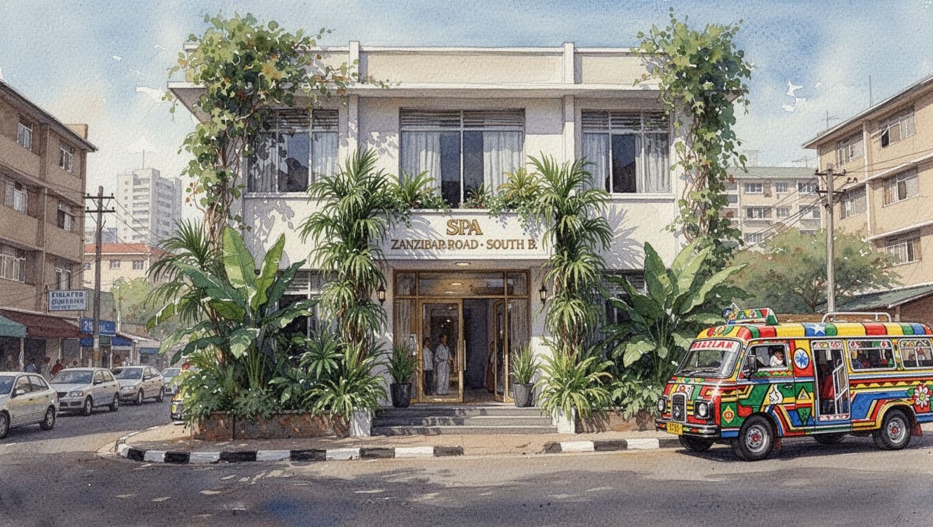 Watercolor street view of Maya Massage & Spa building, entrance framed by green plants under soft lighting, urban street and matatu in background.