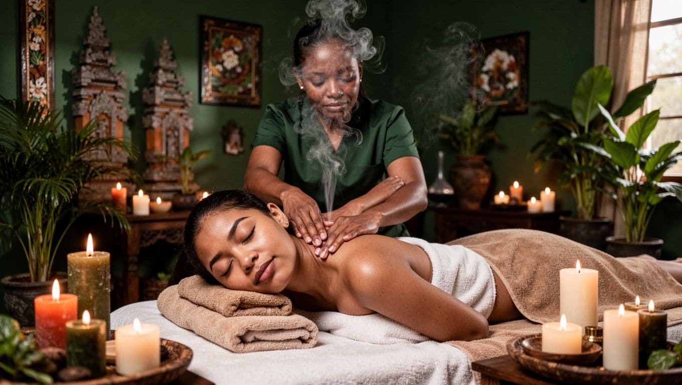 Serene client with eyes closed relaxes on a spa bed in a calming Nairobi spa room featuring diffusing aromatherapy oils, soft candlelight, and potted greenery, as a Balinese-style therapist applies gentle strokes to neck and shoulders, with a bold 'Melt Stress' headline band at the top.