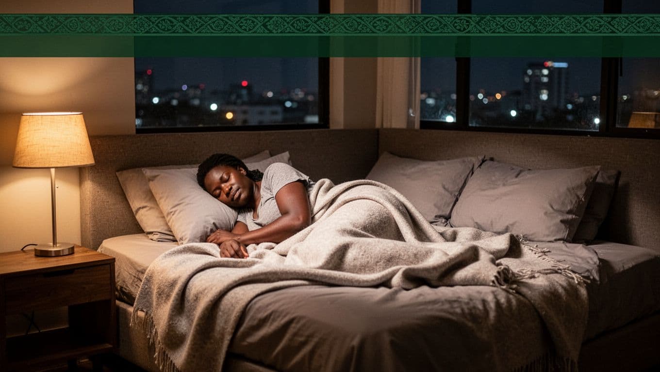 Relaxed adult sleeping peacefully on a comfortable bed in a modern Kilimani bedroom at night, illuminated by soft warm lamp light and faint city lights through the window, with a bold 'Melt Stress' headline.