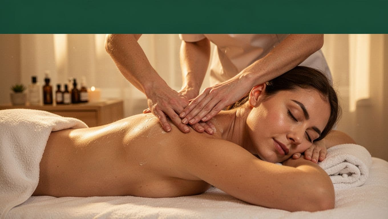 Client receiving gentle Swedish massage on shoulders and neck in calm spa with soft lighting and aromatherapy, eyes closed in deep relaxation. Bold 'Melt Stress' headline in dark-green band at top.
