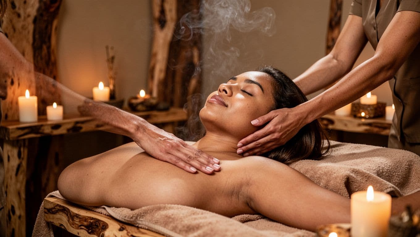 Serene female client lies relaxed with eyes closed on a massage table in a tranquil Nairobi spa room with soft candlelight, essential oils, and calm atmosphere promoting mental peace and better sleep. Masseuse's hand gently rests on her shoulder in this realistic photo.
