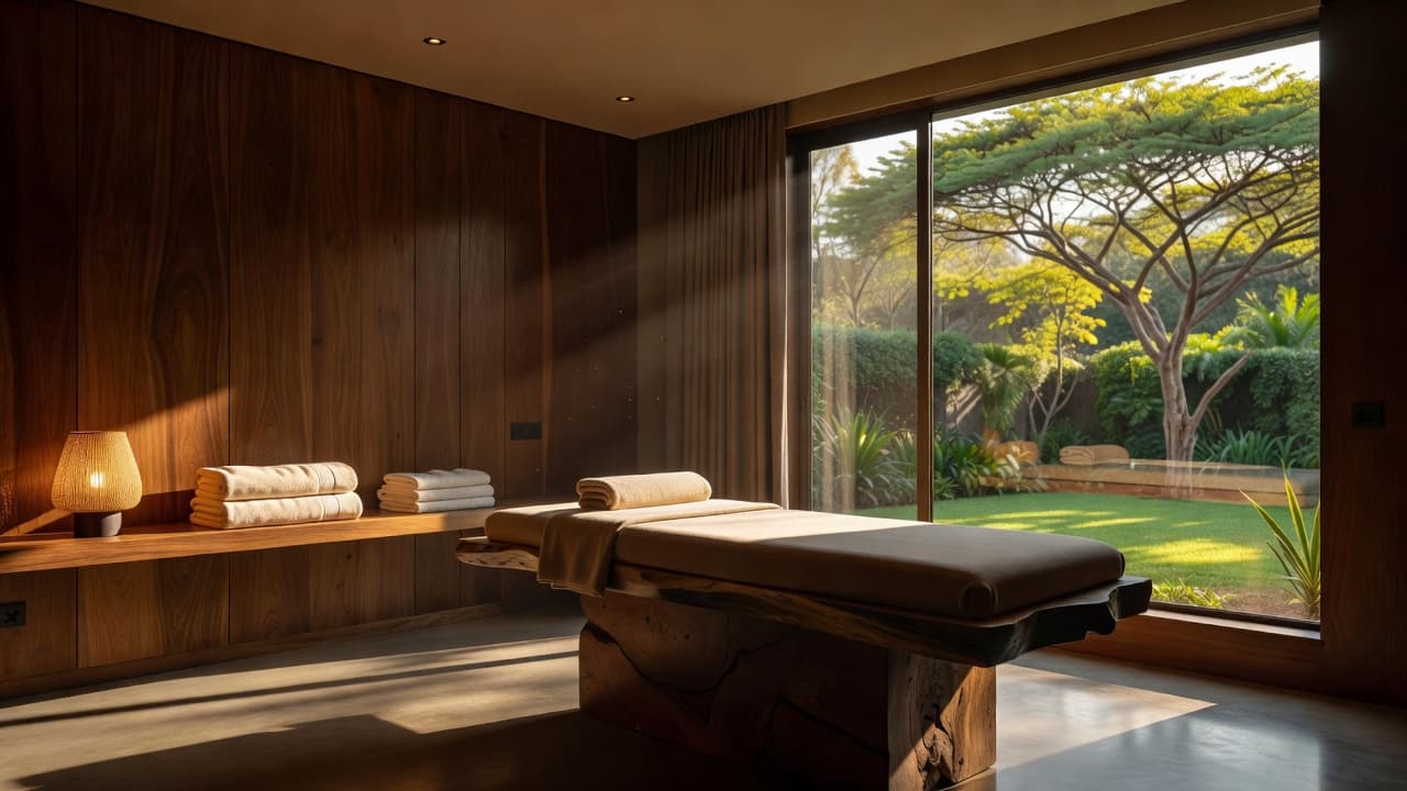 A serene treatment room features textured wooden walls and plush rolled towels neatly stacked on a dark stone counter. Soft, amber accent lighting highlights the minimalist decor and tranquil atmosphere.