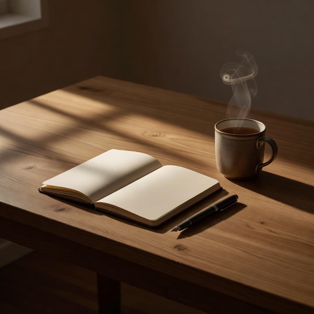 A clean wooden surface features an open notebook with a pen and a steaming cup of herbal tea. Warm, cinematic light highlights the organized stationery and promotes a calm atmosphere.