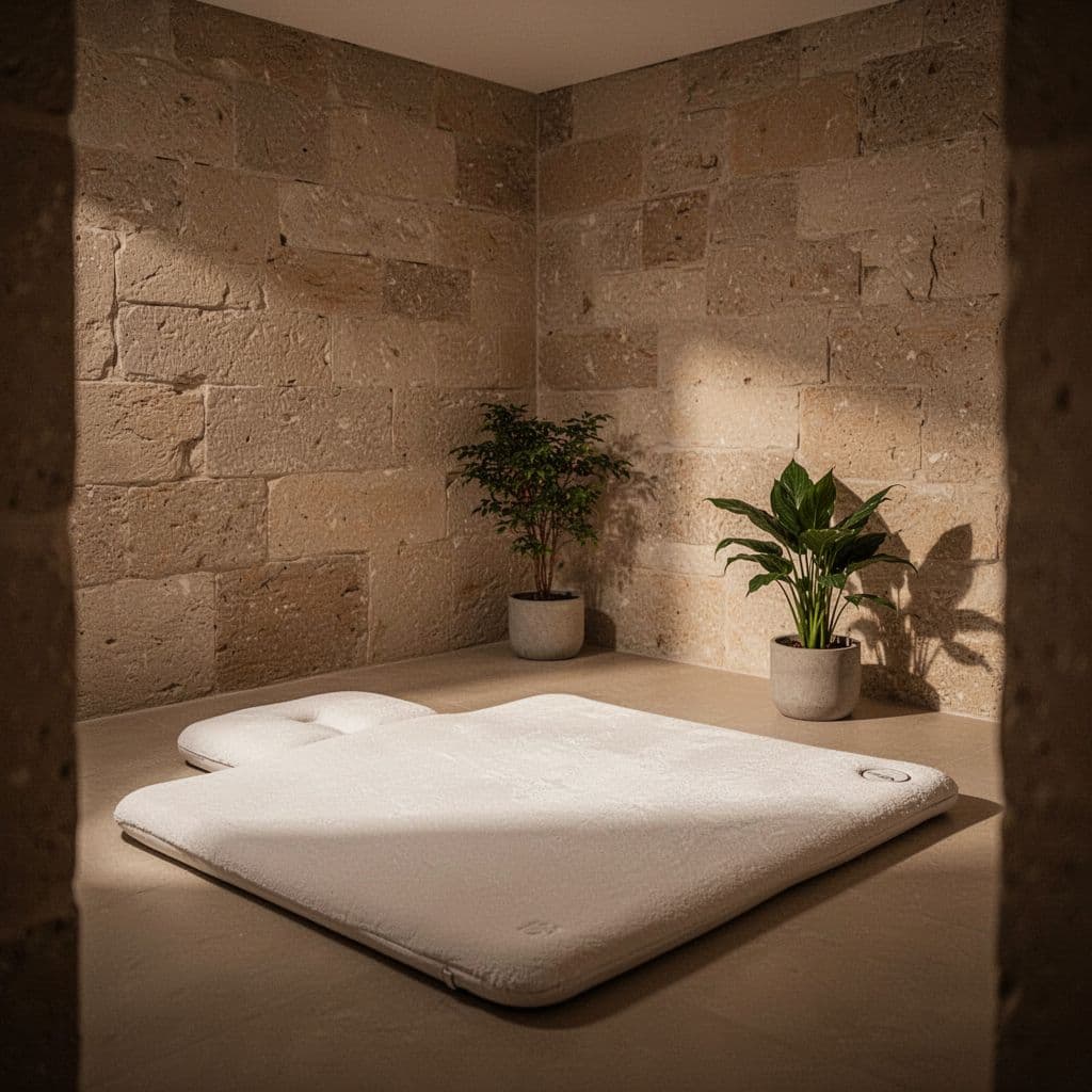 A clean massage room features textured stone walls and warm ambient lighting. A comfortable floor mat sits ready for clients, while a small green plant accents the tranquil corner space.