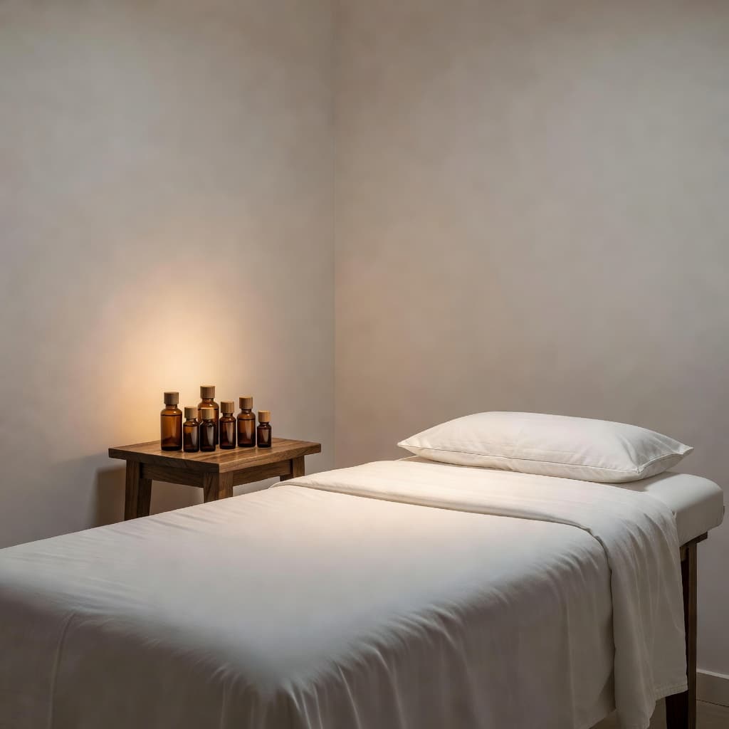 A pristine massage table draped in fresh white linens sits center stage next to a wooden side table. Small amber essential oil bottles are arranged neatly on the polished wooden surface.